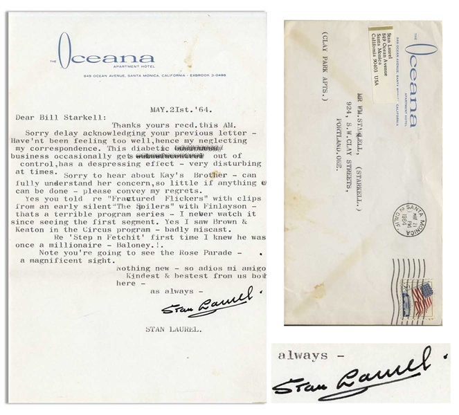 Stan Laurel Letter Signed, With Personal Content Regarding His Diabetes -- ''...This diabetic business occasionally gets out of control, has a despressing effect - very disturbing at times...''